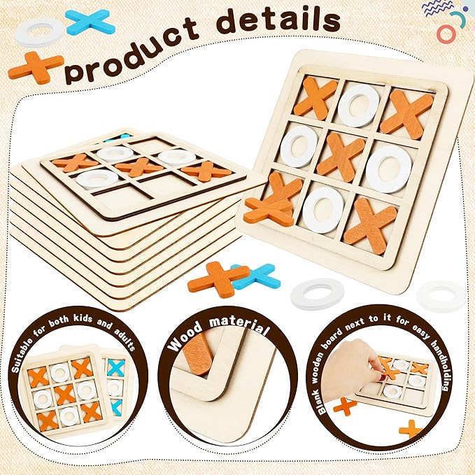 12 Pack Wooden Tic Tac Toe Games Wood Tic-Tac-Toe Bulk XO Table Chess Board Game for Boys Girls Family Activities Educational Toys Birthday Party Favors
