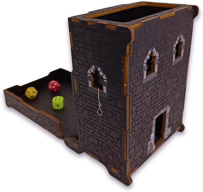 FOXBITE Dice Tower for Dungeons and Dragons Tower with Tray Wood Laser Etched DND Portable and Collapsible Dice Roller Perfect for Board Game and Tabletop RPG, Natural Wood Carved and Printed 5e