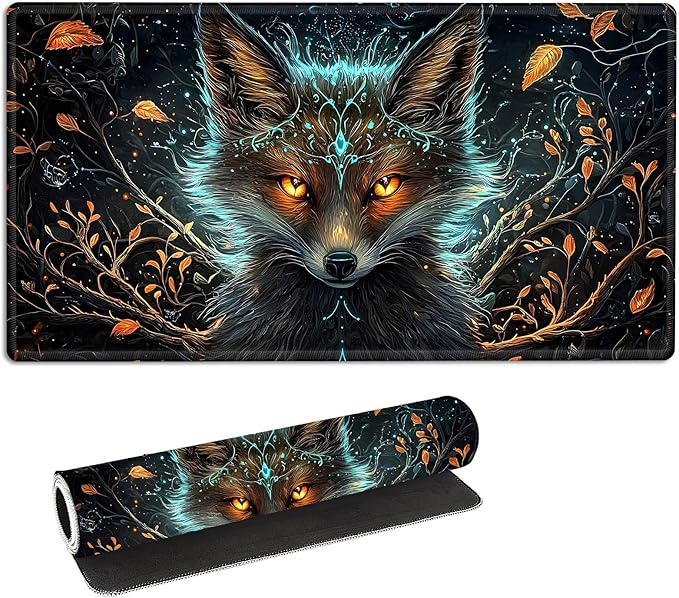 MTG Playmat with Storage Bag, 27.55x15.75 inches, Non-Slip Beautiful Fox Desk Mat, Stitched Edges Game Mat, Rollable & Foldable Card Playmat