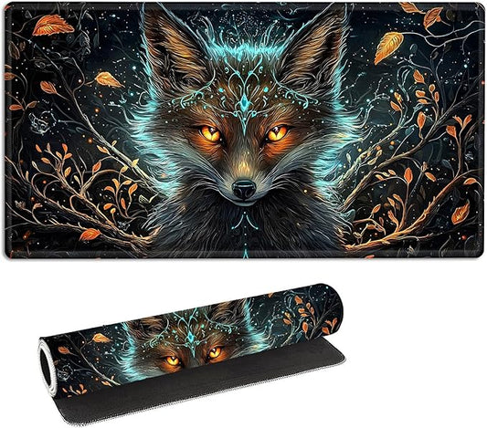 MTG Playmat with Storage Bag, 27.55x15.75 inches, Non-Slip Beautiful Fox Desk Mat, Stitched Edges Game Mat, Rollable & Foldable Card Playmat