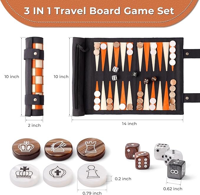 Woodronic 3 in 1 Travel Chess Checkers Backgammon Set, Roll-up Leather Backgammon Game Set with 32 Pearl Textured Pieces and 5 Dices, Portable Travel Strategy Board Game Set for Adult, Navy Blue