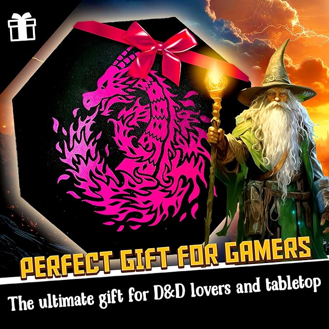 Pink Fire Dragon Dice Tray with Wizard Book Print – 9" Octagon with Dice Staging Area, Holds 5 Dice Sets – Perfect for D&D, Call of Cthulhu, Shadowrun, and All Tabletop RPGs