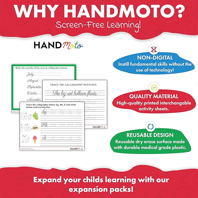 HANDMoto Calligraphy Workbook for Kids - Our Calligraphy Practice Activity Sheets make Practicing Easy and Enjoyable - Our Calligraphy Kits for Beginners are easy to use with our Whiteboard, 9x12