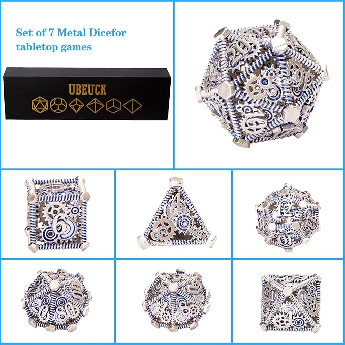 DND Metal Dice Set, UBEUCK 7PCS Gear Metal DND Dice Set for Dungeons & Dragons Board Games Boxes (Gear Blue)
