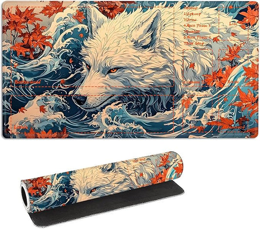 for MTG Playmat with Zones Storage Bag,for TCG Playmat and Playing Card Mat for Magic Board Games, Wolf Maple Leaf Non Slip Stitched Edges Game Mat, Rollable Foldable Card Playmats
