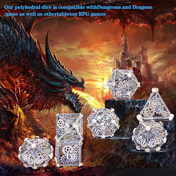 DND Metal Dice Set, UBEUCK 7PCS Gear Metal DND Dice Set for Dungeons & Dragons Board Games Boxes (Gear Blue)