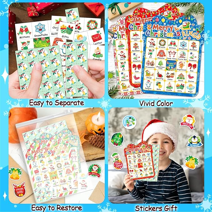 Christmas Bingo Game for Kids 24 Players, Christmas Bingo Cards Holiday Party Games for Family School Classroom Winter Party Supplies Favors Gifts