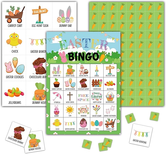 Easter Day Bingo Games - Bunny Bingo Card - 24 Players Bingo Game Set for Adult Family Friends Colleagues - School Classroom Indoor Outdoor Activities - Spring Party Favors Supplies -C02