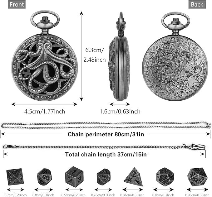 Mini DND Dice Set Steampunk Hollow Octopus Pocket Watch Shell Case, 7pcs Polyhedral Metal D&D Dice Set, DND Gifts with Gift Box, Role Playing Board Games Accessories Dark Silver