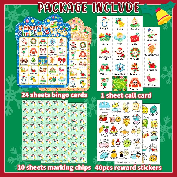 39Pcs Christmas Bingo Cards, 24 Players Cute Christmas Bingo Game for Kids Adults Party Supplies Family Games Activities Xmas Festival