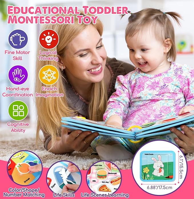 Lehoo Castle Montessori Busy Board for Toddlers 2-4, Busy Book for Toddlers 1-3, Activity Books for Airplane Car, 2 Year Old Girl Toys Gift, Sensory Travel Toys, Preschool Learning Busy Book (Pink)