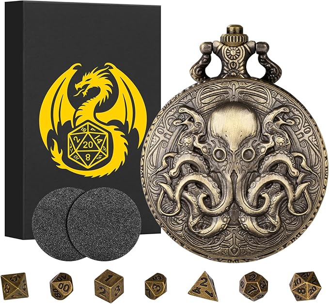 Mini DND Dice Set with Steampunk Double Eyed Octopus Pocket Watch Case, Tiny 7PCS Polyhedral Metal D&D Dice, DND Gifts with Gift Box, Role Playing Game Board Game Accessories Dice, Bronze