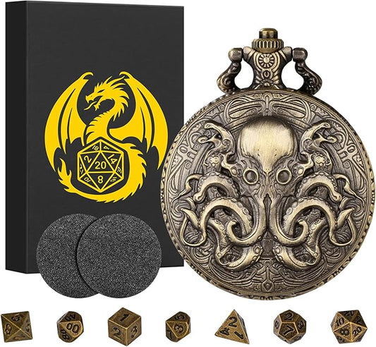 Mini DND Dice Set with Steampunk Double Eyed Octopus Pocket Watch Case, Tiny 7PCS Polyhedral Metal D&D Dice, DND Gifts with Gift Box, Role Playing Game Board Game Accessories Dice, Bronze