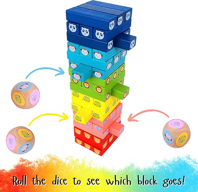Stacking Tower Game - Dice & Stacking Cards Animal Edition - Mini Colorful Blocks - Multiple Ways to Play Family Game Night - Games for Kids and Adults