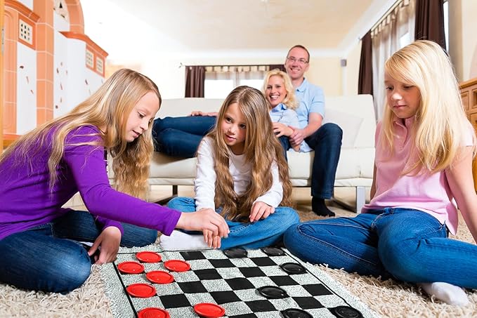 3-in-1 Vintage Giant Checkers and Tic Tac Toe Board Draughts Reversible Rug Game, Big Checker Floor Game Mat, Family Board Game, Lawn Game, BBQ Party Favor, Indoor and Outdoor