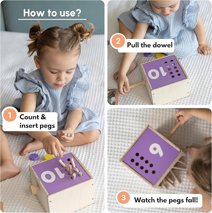 Wooden Counting Peg Board: Count & Drop Box | Montessori Learning Toy for Toddlers | Preschool Developmental Toy for Math, Fine Motor Skills & STEM Learning | Gifts for 2+ Years