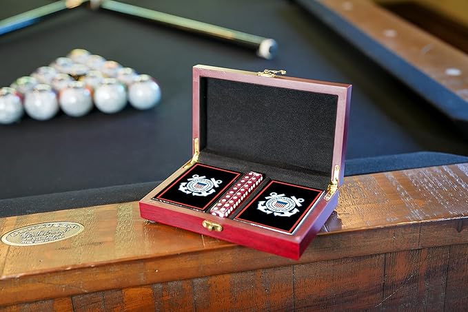 Military Gift Shop USCG Playing Cards with Dice – Wooden Keepsake Box Adorned with Metal USCG Medallion.- Coast Guard Card Set