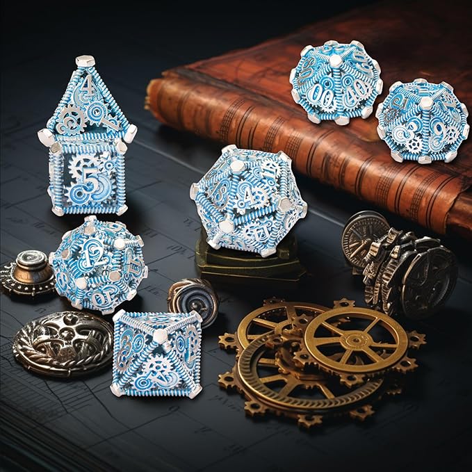DND Metal Dice Set, UBEUCK 7PCS Gear Metal DND Dice Set for Dungeons & Dragons Board Games Boxes(Gear Solid Blue)