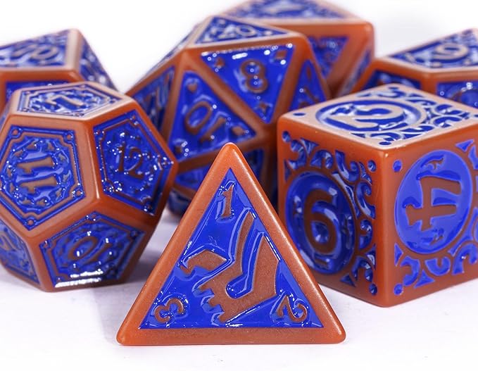 7-Die DND Dice Set New Pattern Polyhedral Dice Set with Leather Bag D&D Dice Set for Dungeons and Dragons RPG MTG Table Games(Brown Blue)