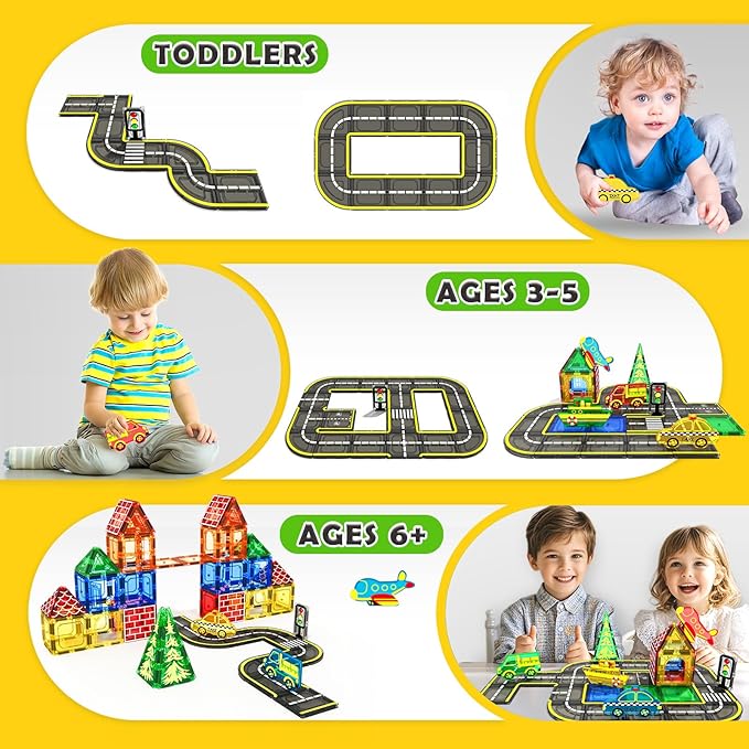 Magnetic Tiles City Road with Cars Kids Toys for Ages 5-7 3-5 4-8, STEM Magnetic Blocks Building Toddler Toys, Creative Gifts Sensory Toy for 3+ Year Old Boys and Girls