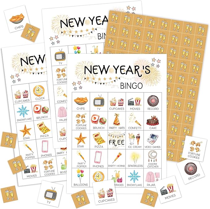 New Year's Bingo Card Set - 24 Players, Happy New Year Activities for Family Party, 5x7 inches Bingo Game Kit, Friends Bingo Game New Year Activities Supplies, Festival Gift for Adult Teen -01