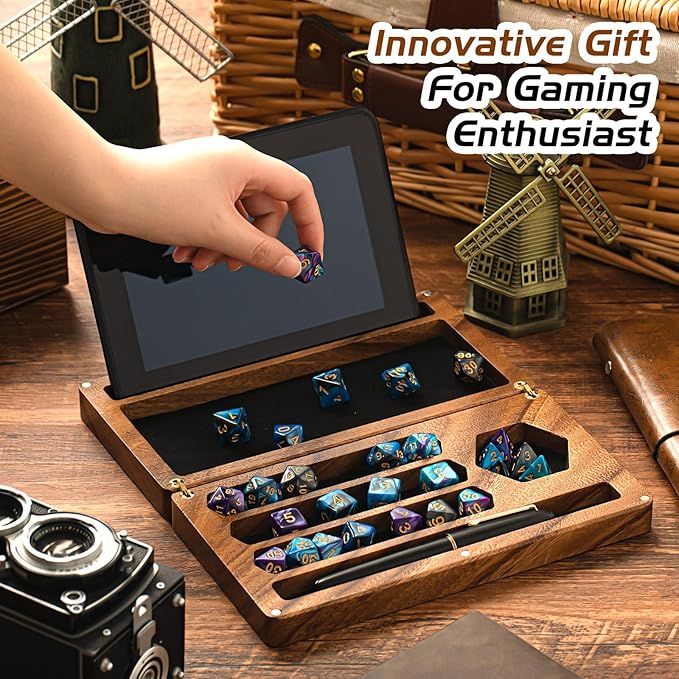 Walnut Dice Box 4.8 x 9 Inch Handmade Dice Tray for Rolling with Storage Phone Tablet Stand Magnetic Lock Secures Lid Portable Tray for Tabletop Rpg Board Games Gift(Walnut,Flip)