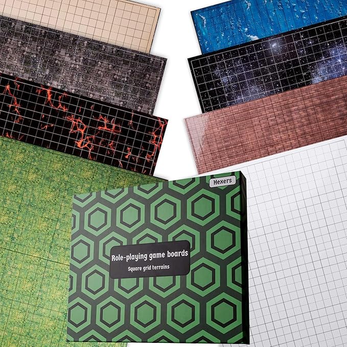 Hexers Role-Playing Game Board Mat, Square Grid Terrains, 8 Different terrains, Compatible with Dungeons and Dragons DND Pathfinder RPG, 27 on 23 inches, 1 inch Squares, Foldable & Dry Erase