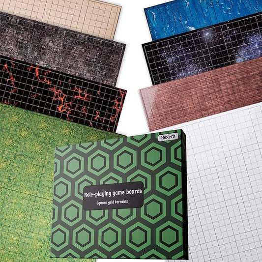 Hexers Role-Playing Game Board Mat, Square Grid Terrains, 8 Different terrains, Compatible with Dungeons and Dragons DND Pathfinder RPG, 27 on 23 inches, 1 inch Squares, Foldable & Dry Erase