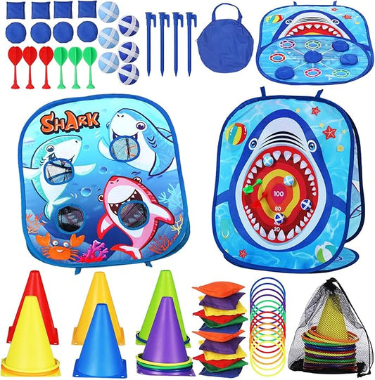 Libima 57 Pcs Carnival Outdoor Games Set for Kids, Include Shark Bean Bag Toss Plastic Cones Bean Bags Ring Toss, Field Yard Lawn Outdoor Game, Gift for Birthday Party Christmas
