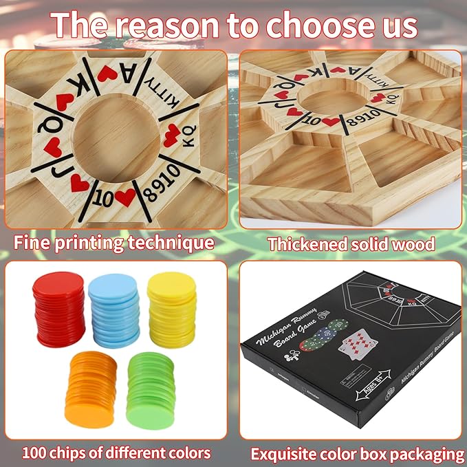 Michigan Rummy Game Luxury Set Royal Hearts Rummy Poker Wooden Tripley Board Game Bravado Game Classic Family Card Game 100 Chips 2 Playing Cards (Small Octagon, Log Color)
