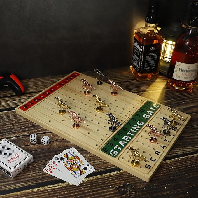 2 Pack Metal Horse Racing Board Game Card Board Game Finish Line Luxury Edition Solid Wood Race Game Board 11 Batches of Metal Model Horses 2 Sets of Dice and 2 Boxes of Cards (Log)…