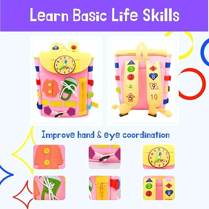 Busy Board Toddlers Travel Backpack - Learning Activities for Kids to Develop Fine Motor Skills and Basic Life Skills - Montessori Sensory Toys