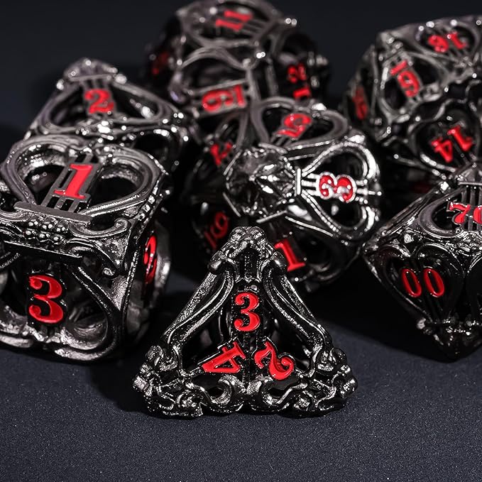 Cusdie 7-Die Metal Dice Set - Hollow Design with Bells - Crisp Sounding Gaming Dice in Tin Box - Perfect for Tabletop RPGs & Board Games(Black w/Red Numbers)
