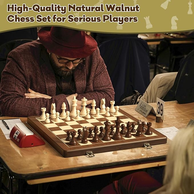 Premium Natural Walnut 15" Magnetic Wooden Folding Chess & Checkers Set- 2 in 1 Board Game with 3" King Staunton Pieces and 2 Extra Queens, Checkers, and Dust-Proof Storage Bag (Red)