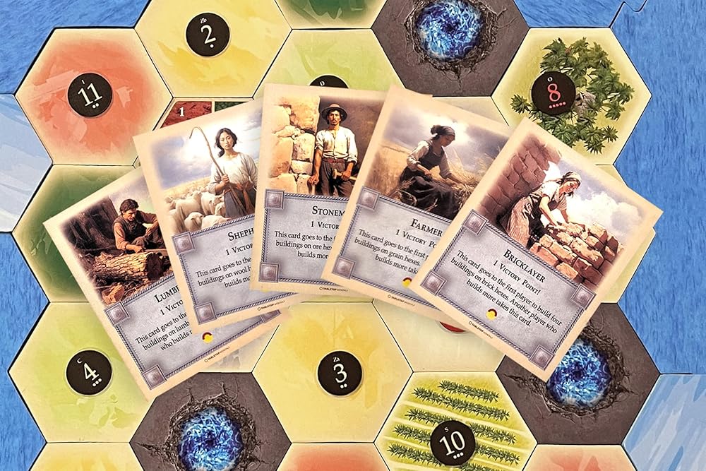 Professions Victory Point Cards, Bricklayer, Stonemason, Farmer, Shepherd, Lumberjack, compatible with Catan's Settlers of Catan 5th Edition, Seafarers and Catan Expansions