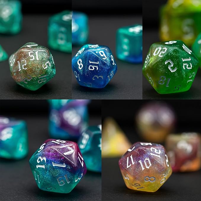 5 Sets DND Dice, Polyhedral Dice Set (35pcs) with Leather Dice Bag, D&D Dice Set for Dungeons and Dragons, RPG, MTG Table Games (Sickle Font Double Color Glitter Series).