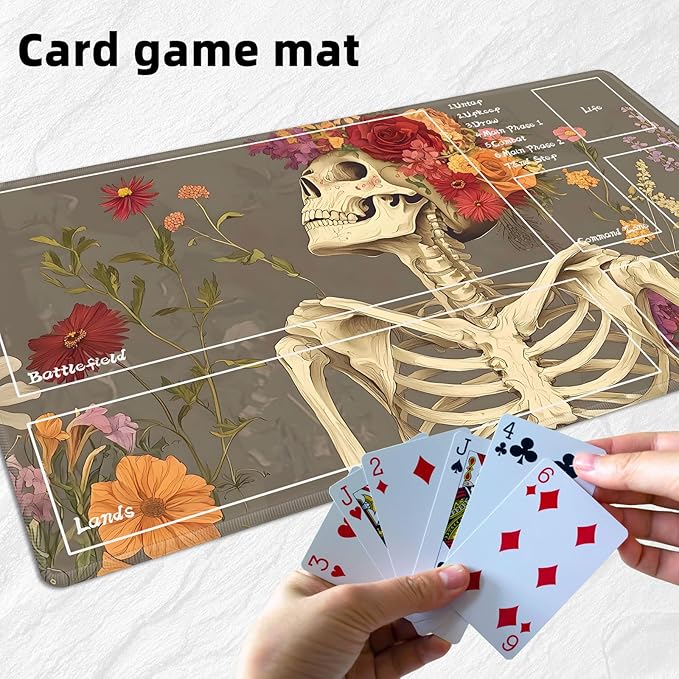 for MTG Playmat with Zones Storage Bag,for TCG Playmat and Playing Card Mat for Magic Board Games, Skull Flower Non Slip Stitched Edges Game Mat, Rollable Foldable Card Playmats