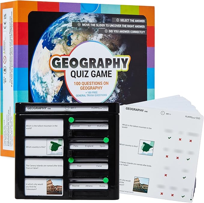 Quiz Device Game - Geography Trivia Quiz Game - 25 Cards - 200 Questions - Educational & Fun - Ideal Travel Games for Kids - Family Quiz Games - Portable Pack - Age 6+
