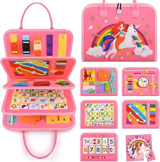 Busy Board for Toddler Girls 1 2 3 4 Montessori Busy Book Sensory Learning Toys for Girl and Boys Preschool Toys Birthday Gift (Pink)