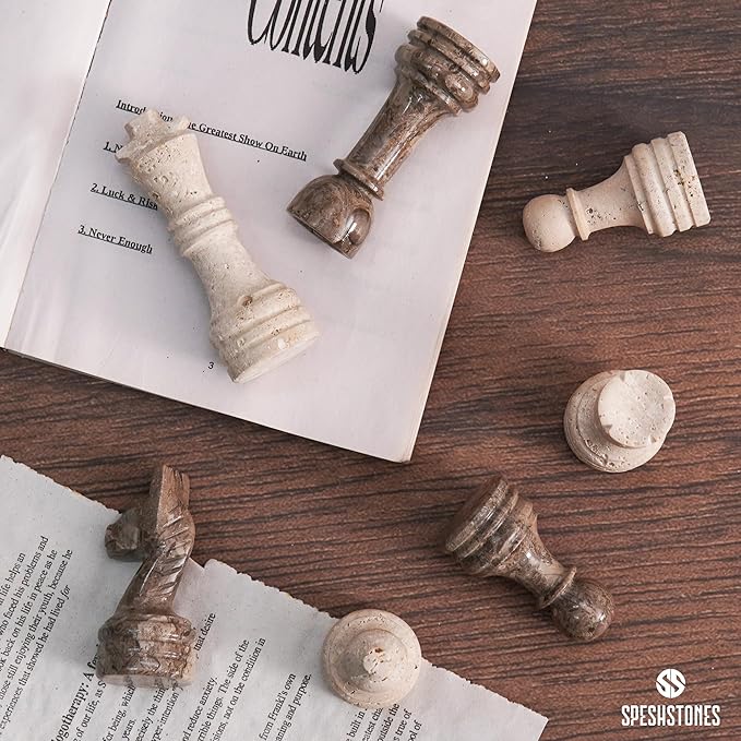 Marble Chess Pieces 3.5 Inch Travertine and Oceanic Stone Figures for Adults and Family, Classic Board Games Accessories for Checkers, Draughts, and Travel Strategy Play