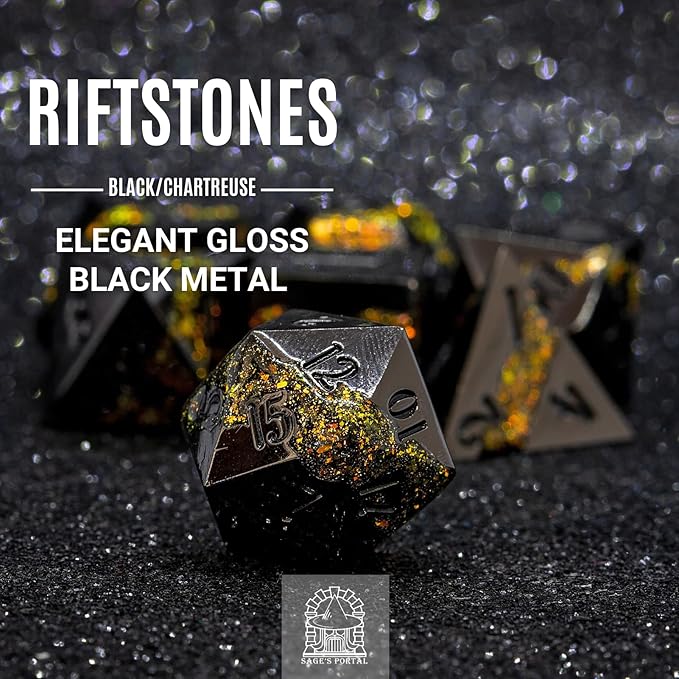 Sage's Portal Metal Riftstone DND Dice 7-PC Polyhedral Dice Set for DND TTRPG Dungeons and Dragons Pathfinder Oversized Designer Dice (Gloss Black/Chartreuse)
