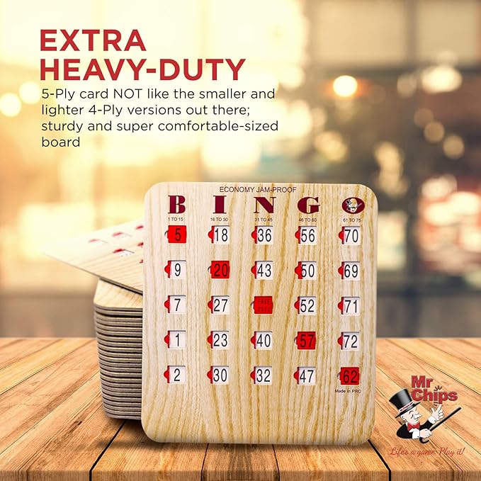 MR CHIPS Jam-Proof Bingo Cards with Sliding Windows, 50 Reusable Shutter Cards, 75 Calling 1 Master Board Plus 10 Extra Cards
