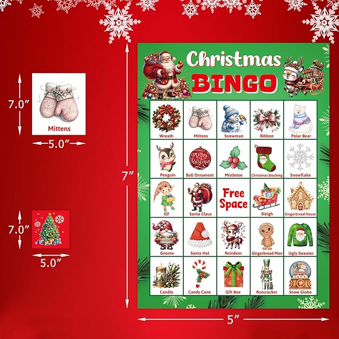 Merry Christmas Bingo Game for Kids Adults Large Group 24 Players Xmas Winter Holiday Bingo Family Activities Party Games Party Favors Party Supplies
