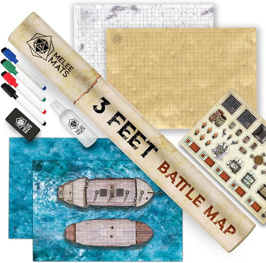 Melee Mats DND Map Starter Kit for Dungeons & Dragons Game - 24” x 36" 2 Pack Double Sided, Wet/Dry Erase Battle Terrain Grid - Ultimate Tabletop Board Gaming Experience with Accessories