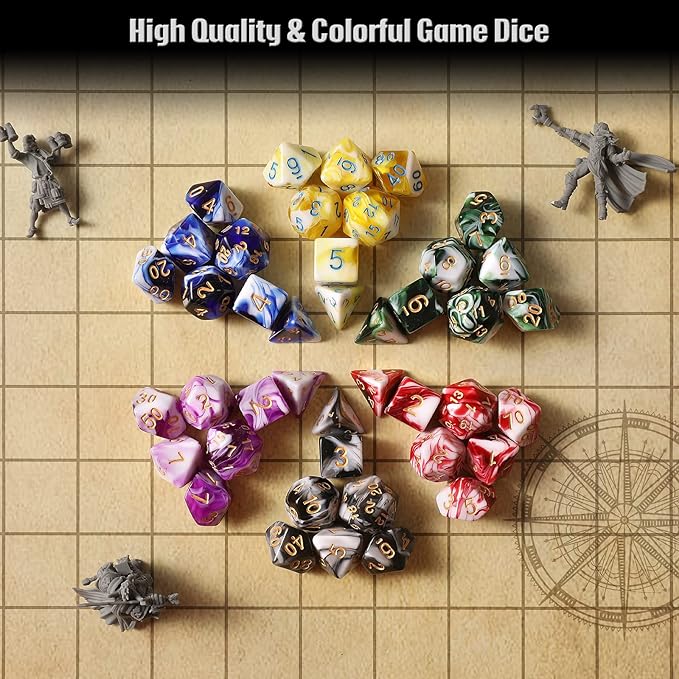 DND Dice Set, 42 Pcs Role Playing Dice Set with 6 Colorful Animal Pattern Dice Bag and PU Leather and Velvet dice Tray for Dungeons and Dragons D&D RPG MTG Table Games Mixed White