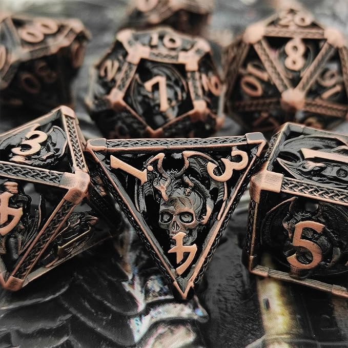 DND Dice Set D&D 7pcs Metal Hollow Dungeons and Dragons Polyhedron with Dice Bag Gift RPG MTG Role Playing Pathfinder Card Table Games D20 D12 D10 D% D8 D6 D4 Accessories-Red Copper