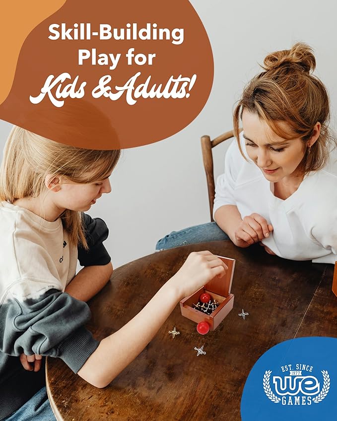 WE Games Metal Jacks Set – Classic Jacks Game with 2 Red Balls in Keepsake Wooden Box – Nostalgic Floor Game