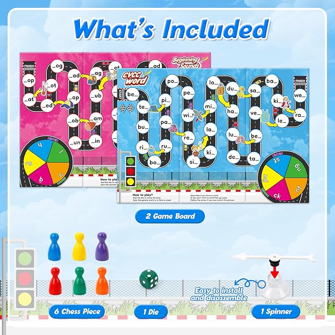 Phonics Board Games for Kids,Educational Learning CVC and CVCC Board Games for Boys and Girls,Reading and Spelling Word Games Ages 4 5 6,Classroom Travel Indoor Outdoor Family Games