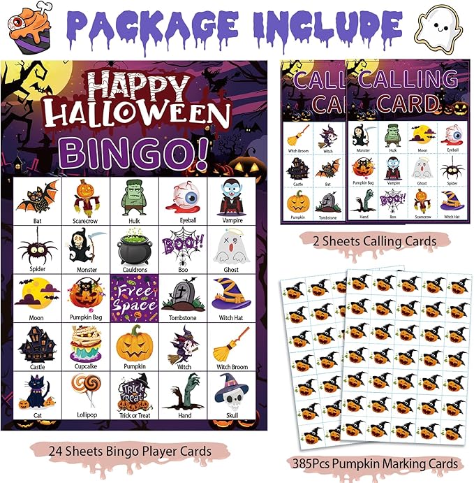 Halloween Bingo Game Cards for Adults, 24 Players Halloween Bingo Game Halloween Bingo Cards Halloween Party Games for School Office Classroom Family Activities Halloween Party Supplies
