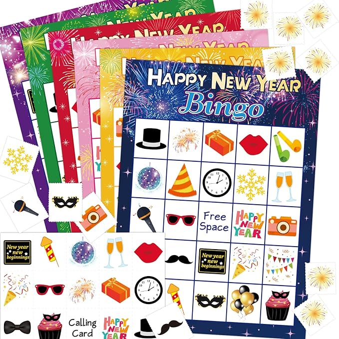 ceiba tree Happy New Year Bingo Cards New Years Eve Bingo Game 24 Players for Kids Adult Party Supply